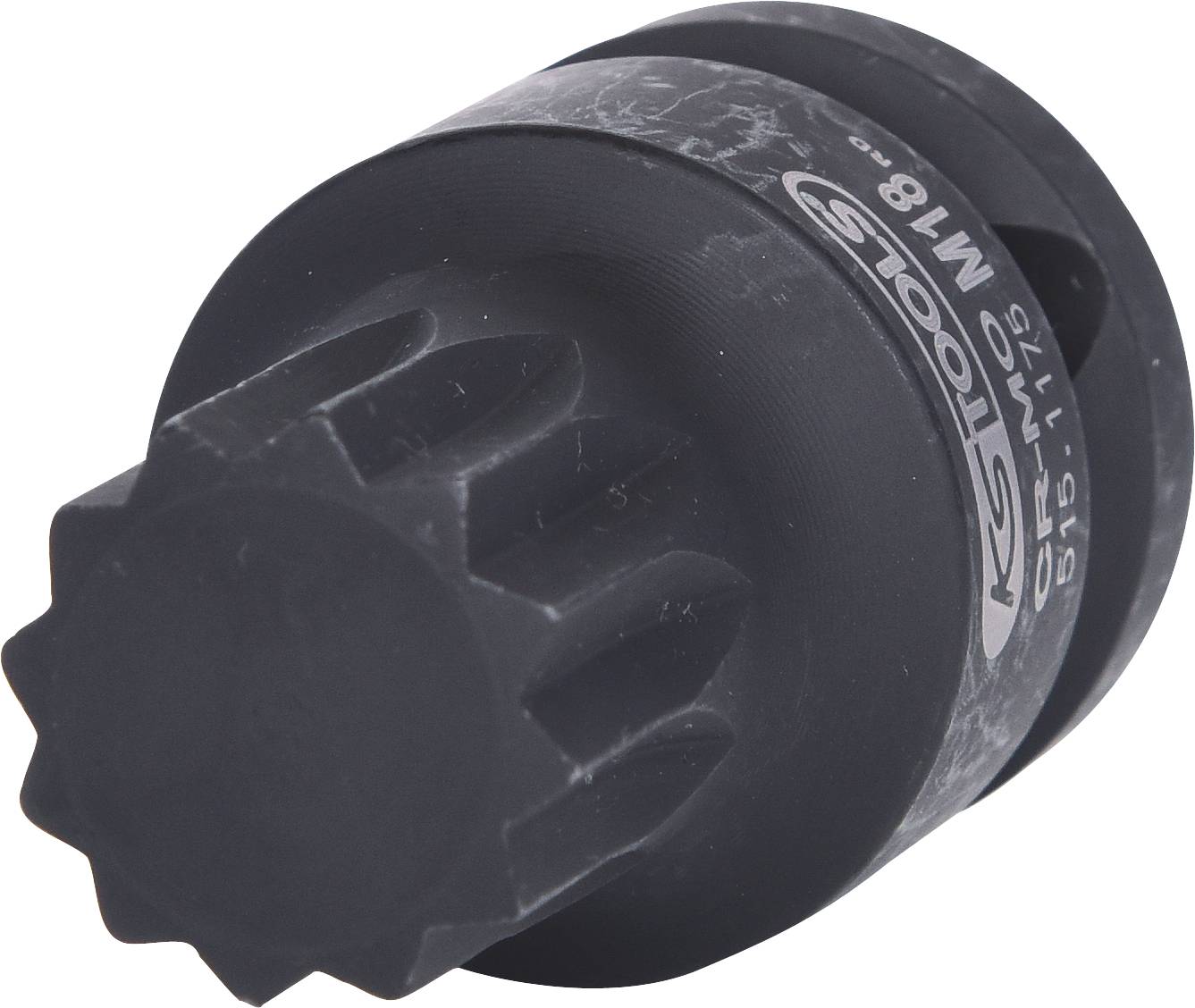 Ein schwarzer Werkzeugaufsatz mit Zahnprofil, geeignet für 6-kantige Schrauben. Markierungen auf der Seite mit technischen Spezifikationen.