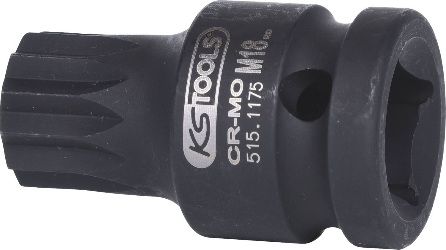 Steckschlüssel-Einsatz von KS Tools, Modell CR-MO M18, schwarz, für Drehmomente geeignet, mit eingravierter Beschriftung.
