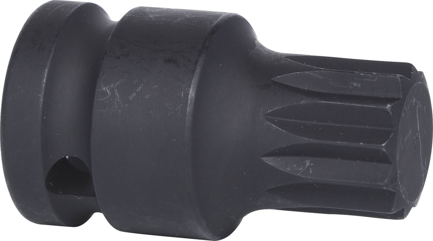 Ein schwarzer 12-kant Steckschlüsselaufsatz aus robustem Metall, geeignet für Kraftaufnahmen, mit einem zylindrischen Schaft.