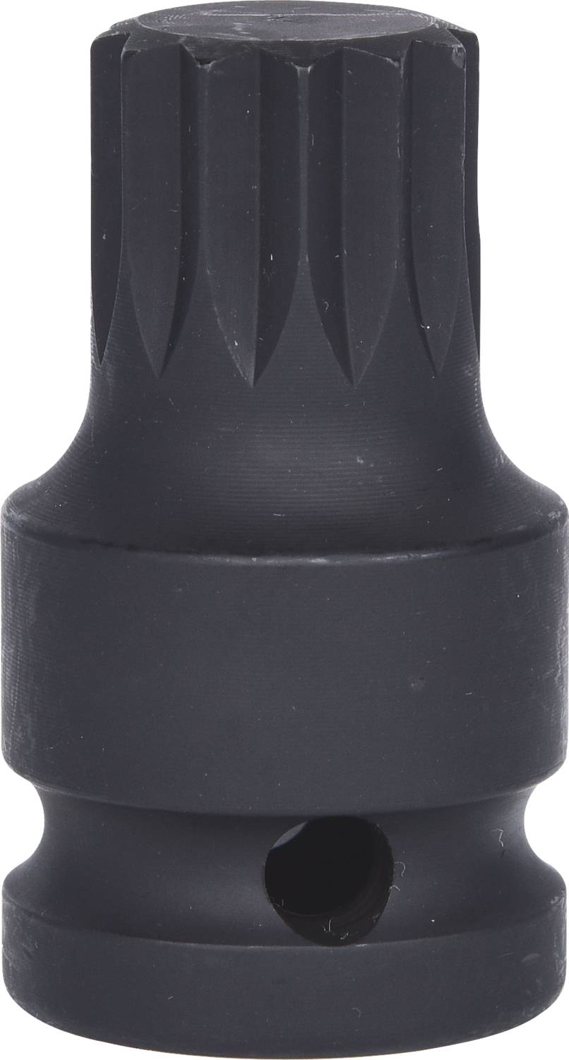 Ein schwarzer Steckschlüsseleinsatz mit gezacktem Kopf, geeignet für den Einsatz in der Automechanik oder beim Maschinenbau.