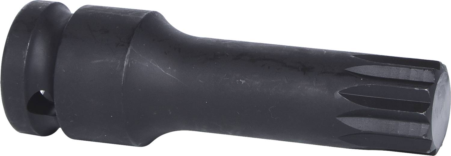 Ein schwarzer, zylindrischer Metallaufsatz mit schmalen Rillen an einem Ende, möglicherweise ein Werkzeug oder Maschinenteil.