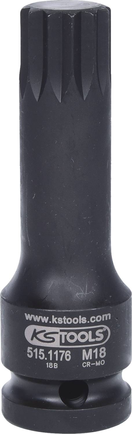 Eine schwarze Vielzahn-Stecknuss von KS Tools, Modellnummer 515.1176, Größe M18, aus Chrom-Molybdän gefertigt.