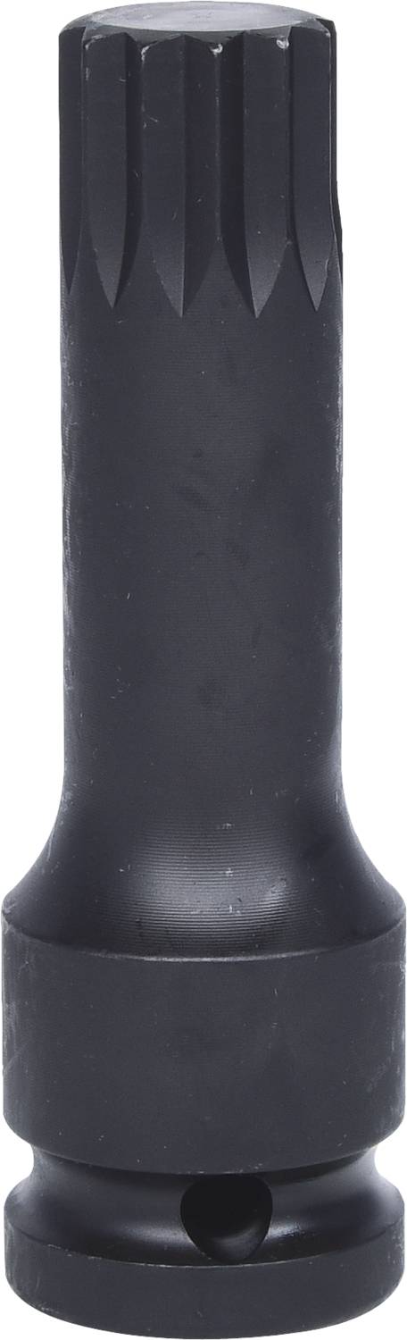 Eine schwarze, langgezogene Stahlbuchse mit geriffeltem Kopf und rundem Sockel, verwendet für spezielle mechanische Befestigungen.