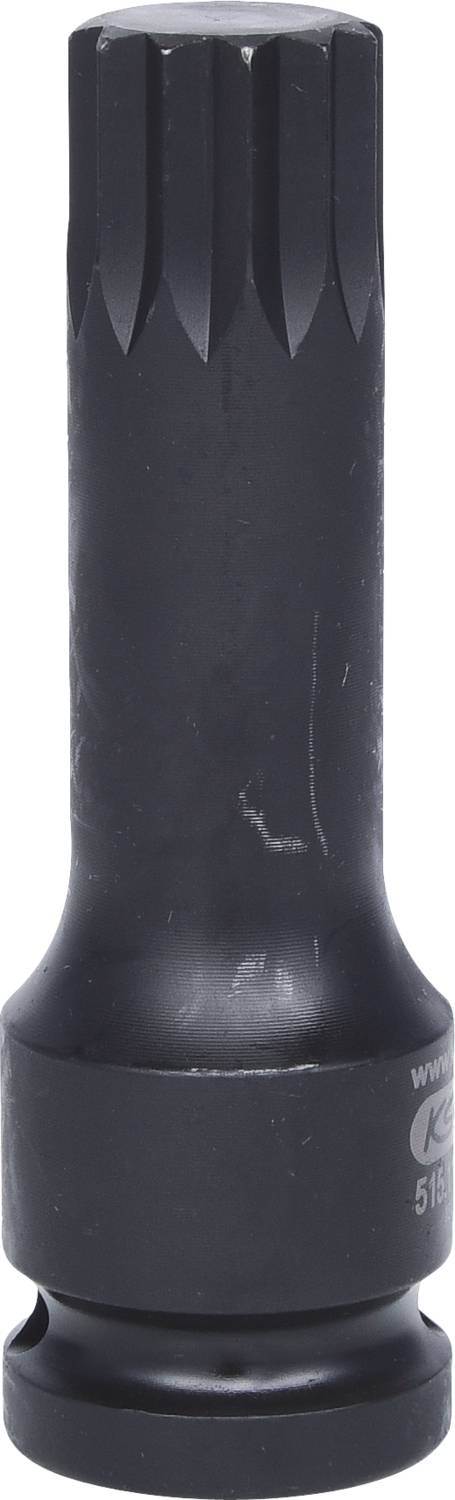 Eine schwarze, zylindrische Stecknuss mit geriffeltem Ende, geeignet für Werkzeuge im Kfz-Bereich.