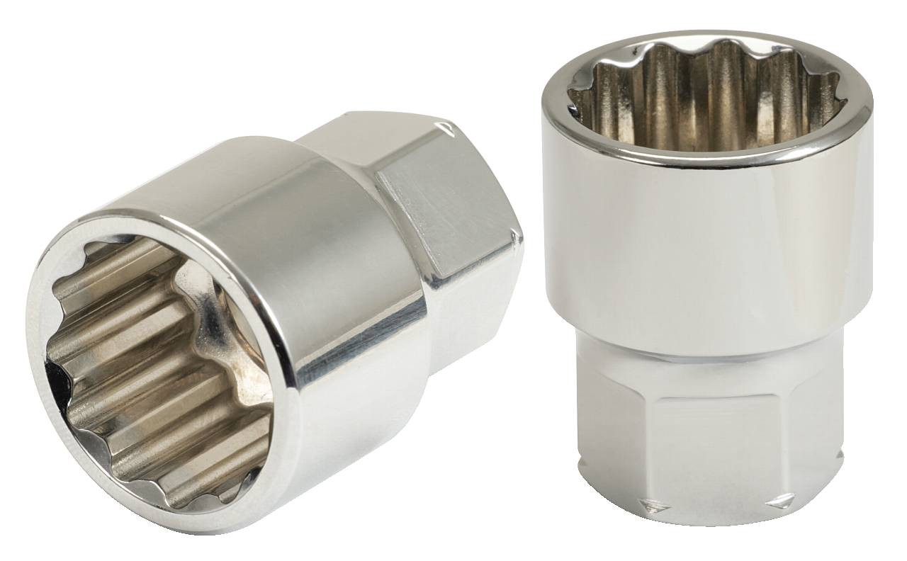 Zwei silberne Steckschlüssel mit Innen-Verzahnung, aufrecht nebeneinander stehend. Sie sind metallisch glänzend und sechskantig.