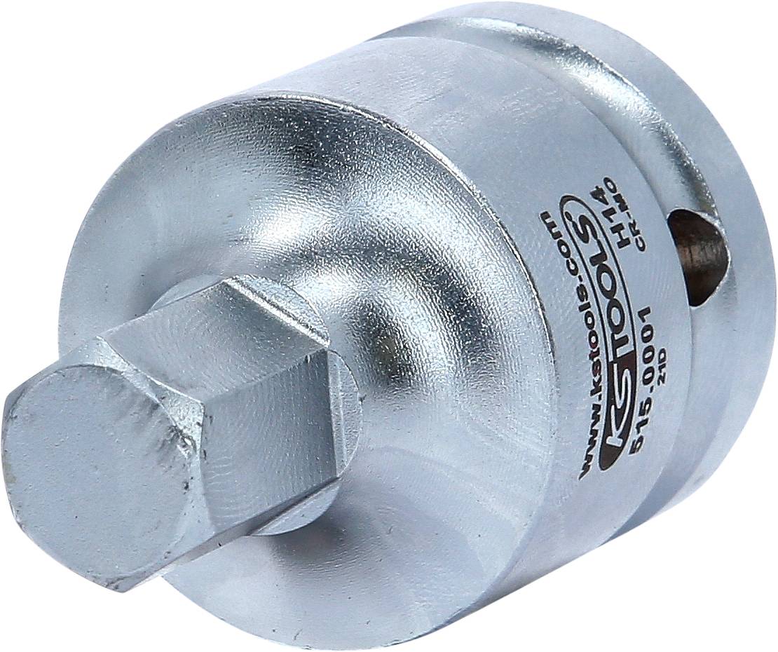 Metalladapter mit sechskantiger Verbindung und aufgedrucktem Logo, vermutlich für Werkzeuge.