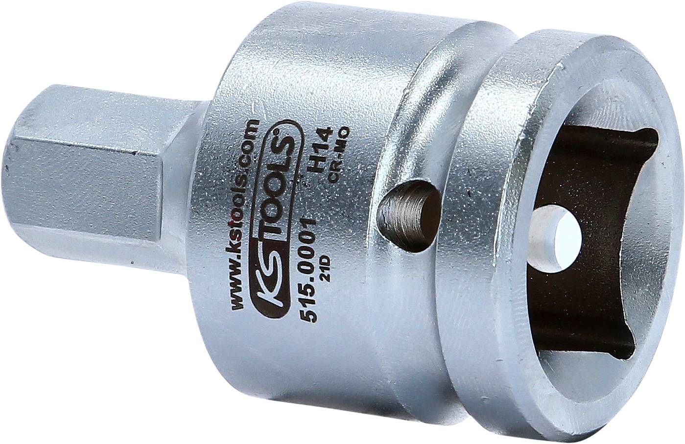 'KS Tools' Adapter, silbern, mit Sechskantaufnahme und quadratischer Steckschlüsselöffnung, geeignet für Werkzeugverbindungen.