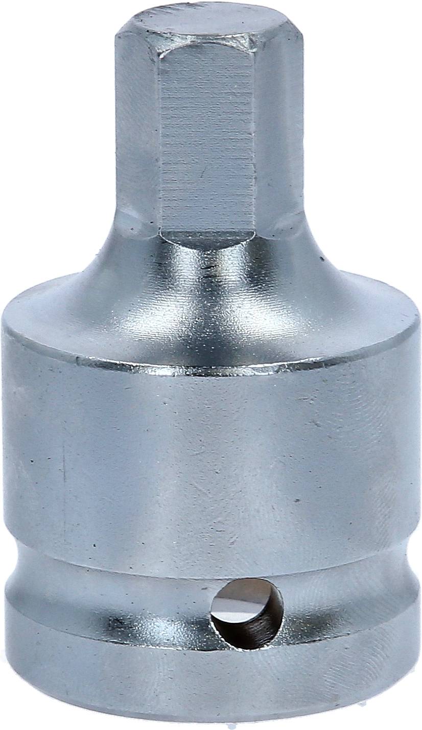 Ein metallischer Steckschlüsseladapter mit einem sechskantigen Einsatz oben. Er dient zur Verbindung von Werkzeugen und Bits.