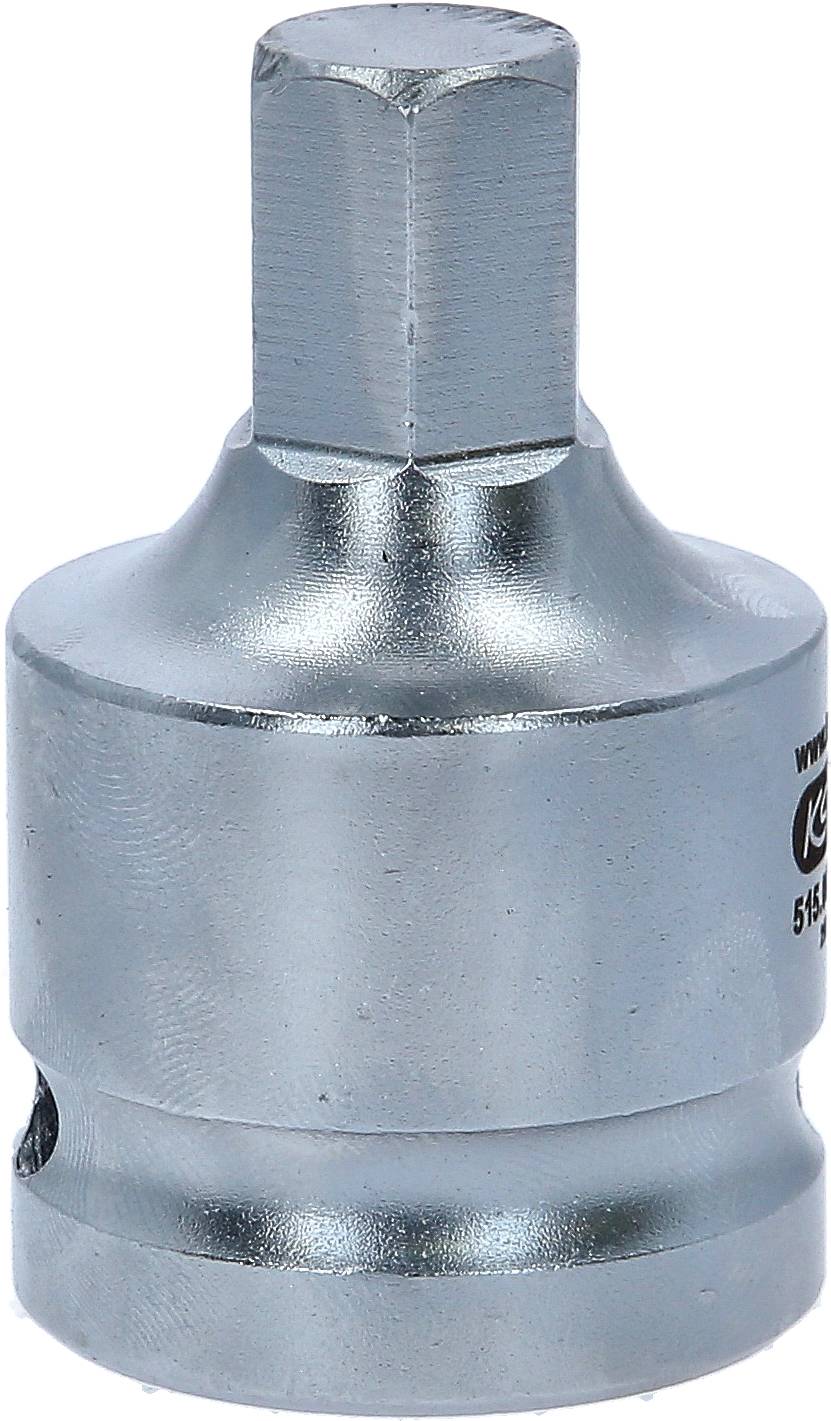 Ein silberner Stecknussadapter mit einem sechseckigen Ende. Verwendet zum Verbinden von Schraubenschlüsseln mit Steckschlüsseln.