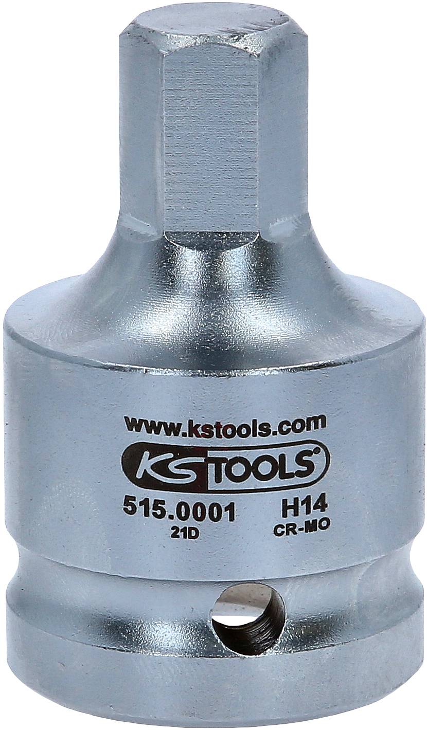 Metallischer Steckschlüsseleinsatz mit sechseckiger Aufnahme, graviert mit 'KS Tools', Artikelnummer, Größe H14, CR-MO Material.