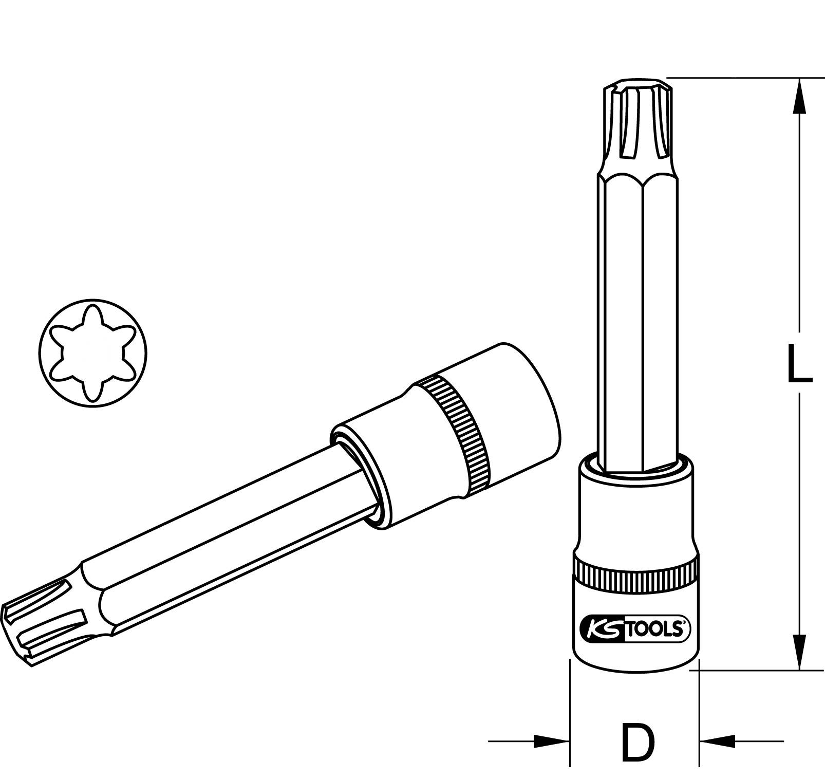 Diagramm von einem Innentorx Steckschlüssel mit Maßen L und D. Marke KS Tools. Zeigt einen sechszackigen Sternkopf und Detailansicht.