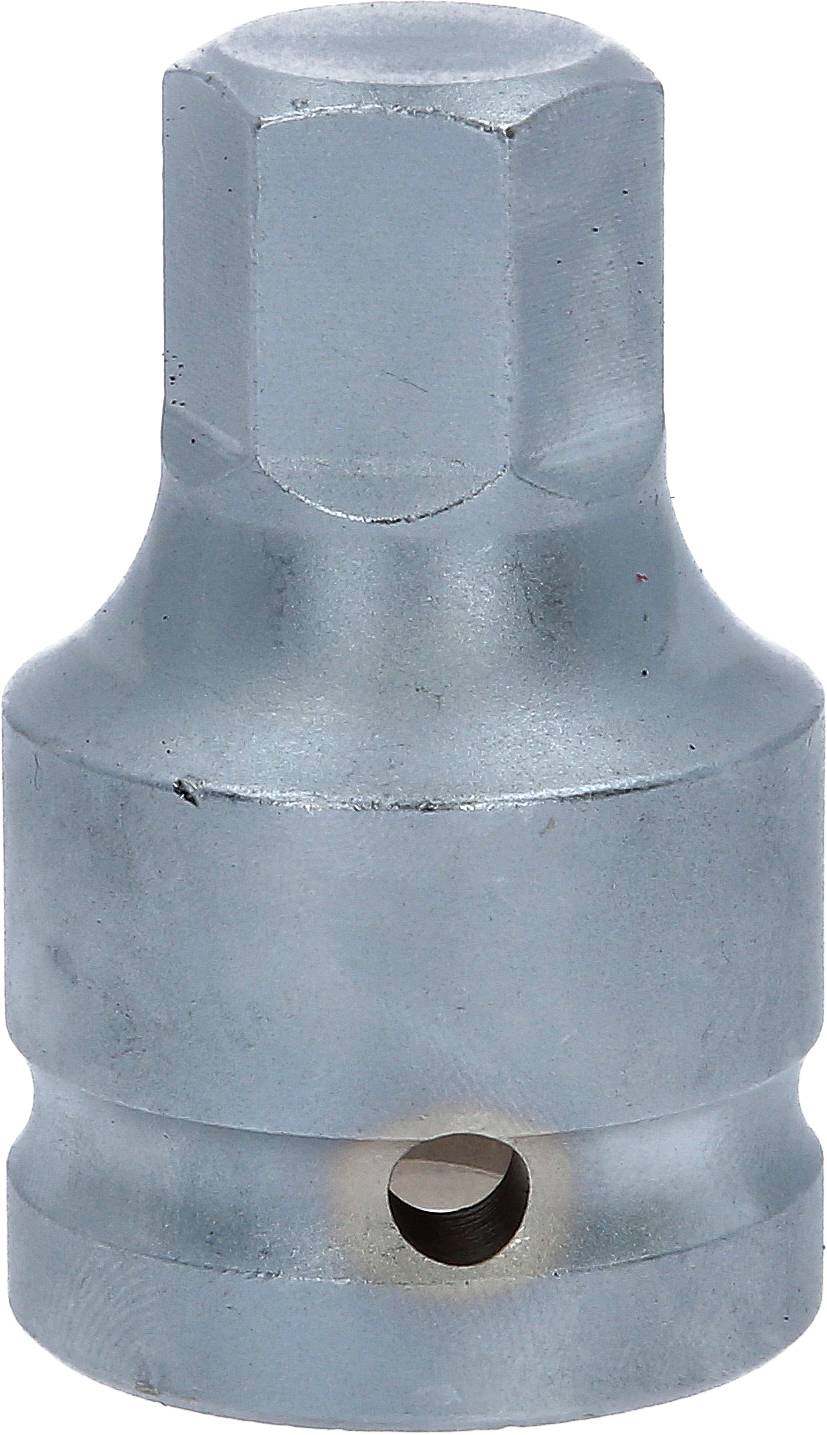 Metallischer Werkzeugadapter mit sechseckiger Spitze und kreisförmiger Öffnung an der Seite; verwendet zum Verbinden von Werkzeugteilen.