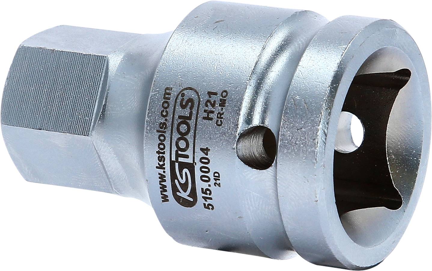 Handwerkzeug: Eine silberne Zündkerzennuss mit sechseckigem Schaft und Aussparungen, verwendet für das Entfernen von Zündkerzen in Autos.