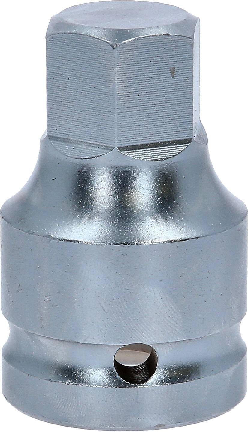 Metallischer Steckschlüsseladapter mit hexagonalem Ende, verwendet zum Verbinden von Werkzeugen mit unterschiedlichen Durchmessern.