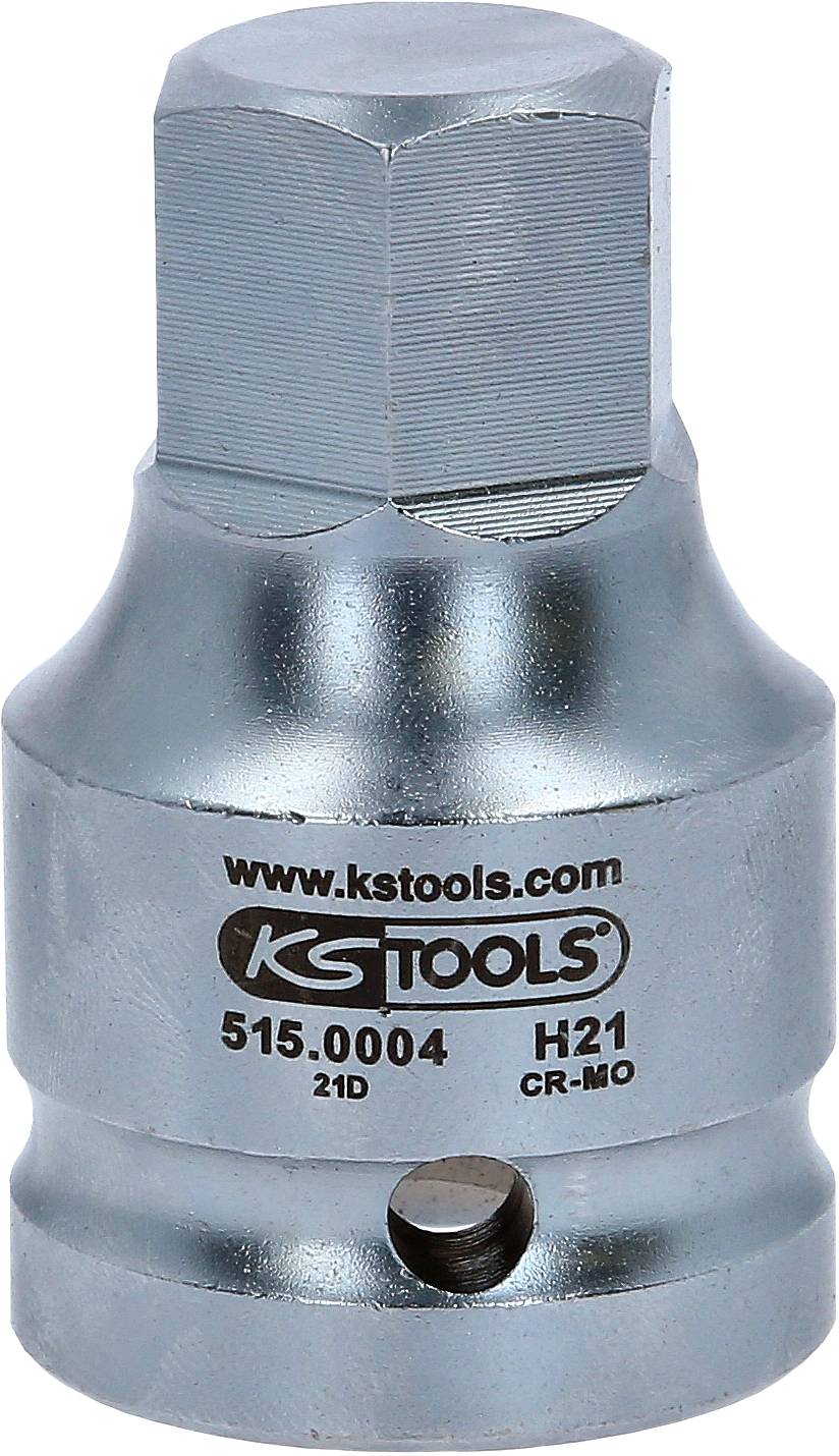 Metallische Stecknuss mit sechseckigem Kopf und Beschriftung 'www.kstools.com 515.0004 H21 CR-MO'.
