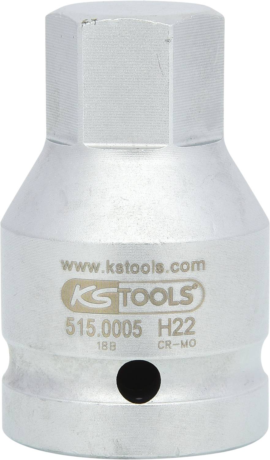 Ein silberner Adapter mit sechseckigem Antrieb. Der Adapter trägt die Aufschrift: 'www.kstools.com', '515.0005', 'H22', 'CR-MO'.