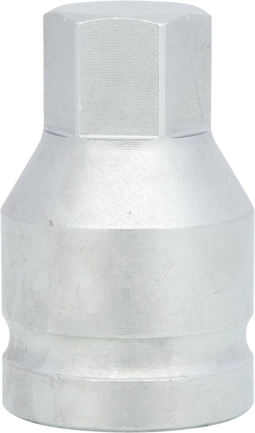 Silberfarbener Metalladapter mit sechseckiger Oberseite und konischer Basis, vermutlich ein spezielles Werkzeug oder eine Schraubverbindung.