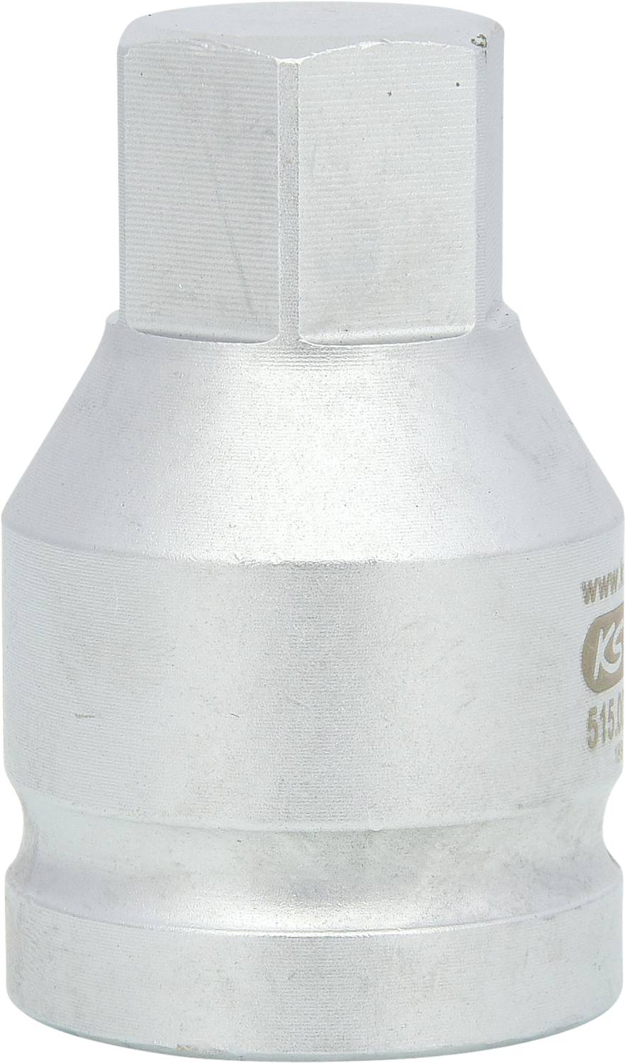 Metallischer Adapter mit sechseckiger Form, häufig für Werkzeuge oder mechanische Anwendungen verwendet.