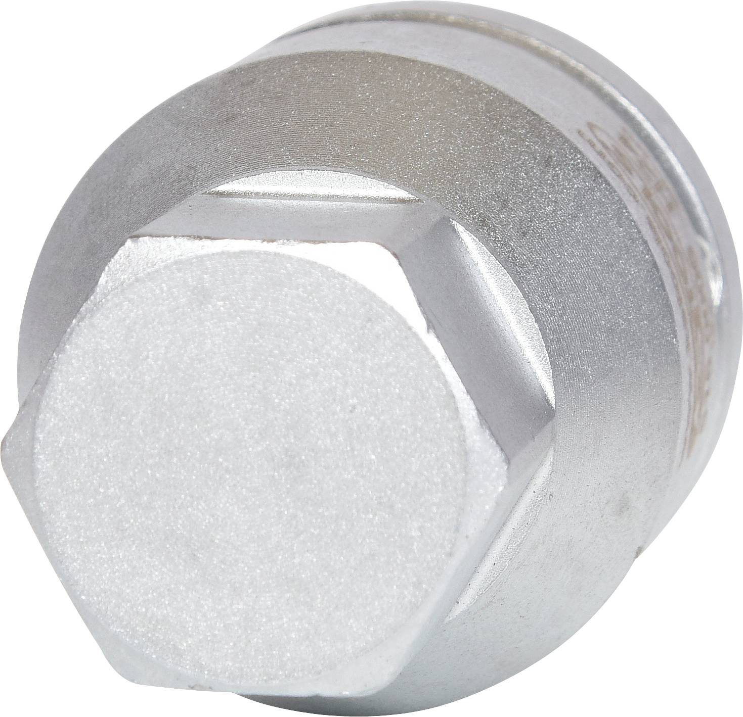 Großer silberner Sechskantkopf eines Maschinenbauteils, möglicherweise ein Schraubenkopf oder Verbindungselement, aus Metall.