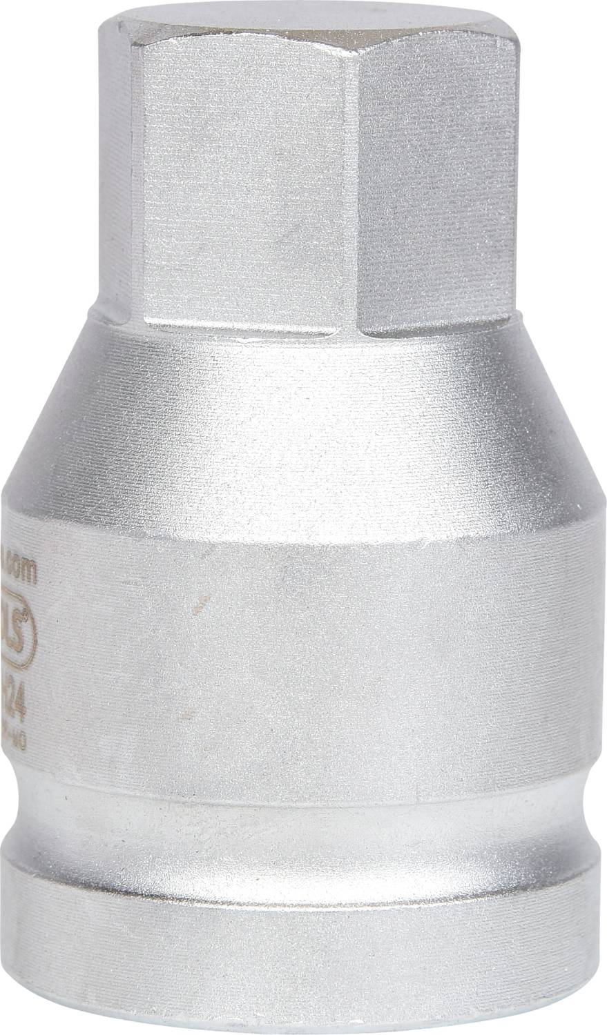 Ein silberner Sechskant-Stecknussadapter aus Metall, geeignet für Hand- und Elektrowerkzeuge, zur Anpassung von Schlüsselweiten.