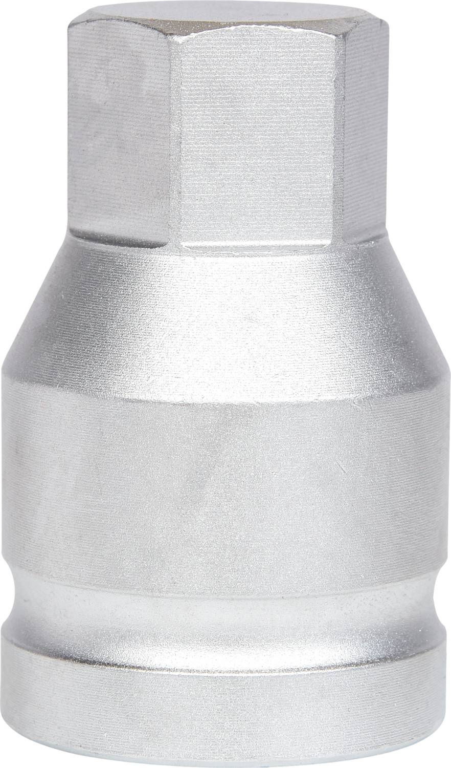 Ein silberfarbener Sechskant-Schlüsselaufsatz aus Metall.