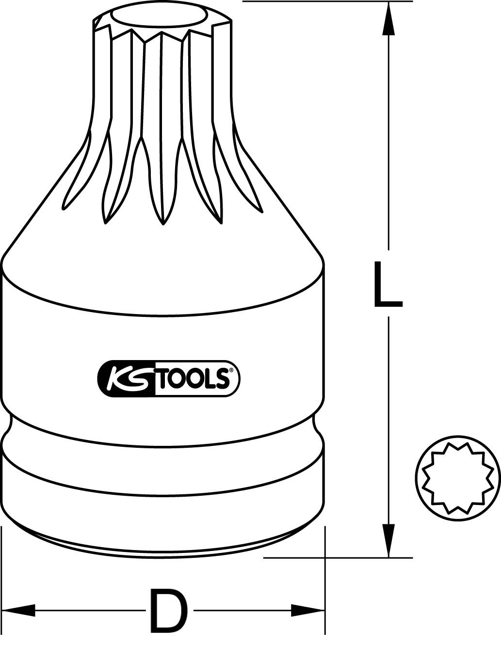 Illustration eines Steckschlüssels mit Außenverzahnung. Beschriftung zeigt 'KS Tools'. Maße L und D sind angegeben.