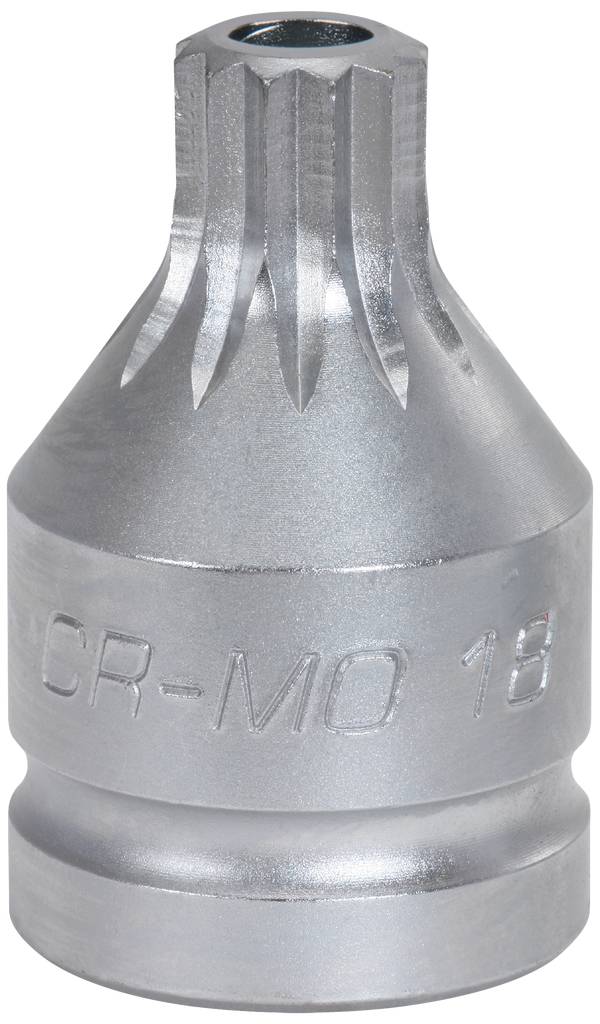 Eine metallische Werkzeugbuchse mit Zackenmuster oben; Gravur 'CR-MO 18' auf der Seite, verwendet für Schraubverbindungen.