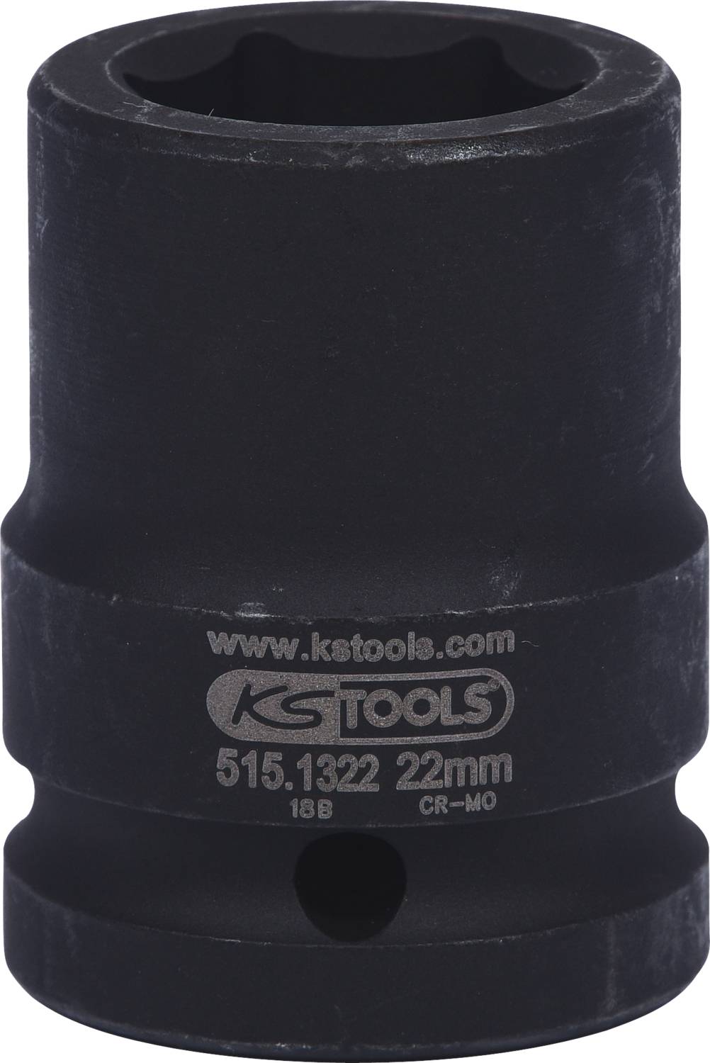 Schwarze Stecknuss mit der Aufschrift 'KS TOOLS 22mm' für den Einsatz mit Werkzeugen, geeignet zum Lösen von Schrauben und Muttern.