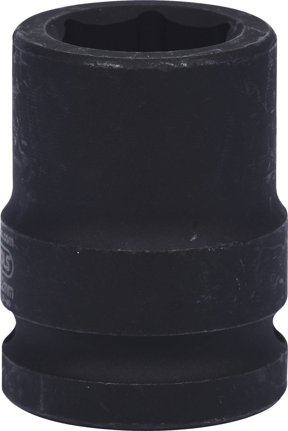 Ein schwarzer Sechskant-Schraubenschlüssel-Aufsatz aus Metall, seitliche Ansicht, für mechanische Arbeiten oder Reparaturen.