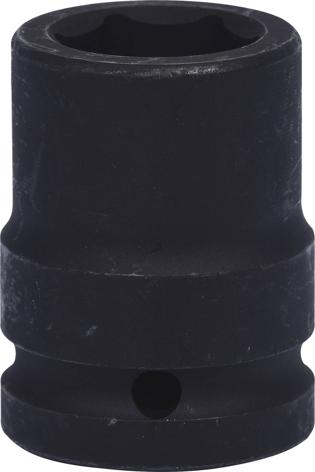 Schwarze, zylindrische Nuss für Steckschlüssel, typisches Werkzeug für das Lösen oder Festziehen von Schrauben und Muttern.