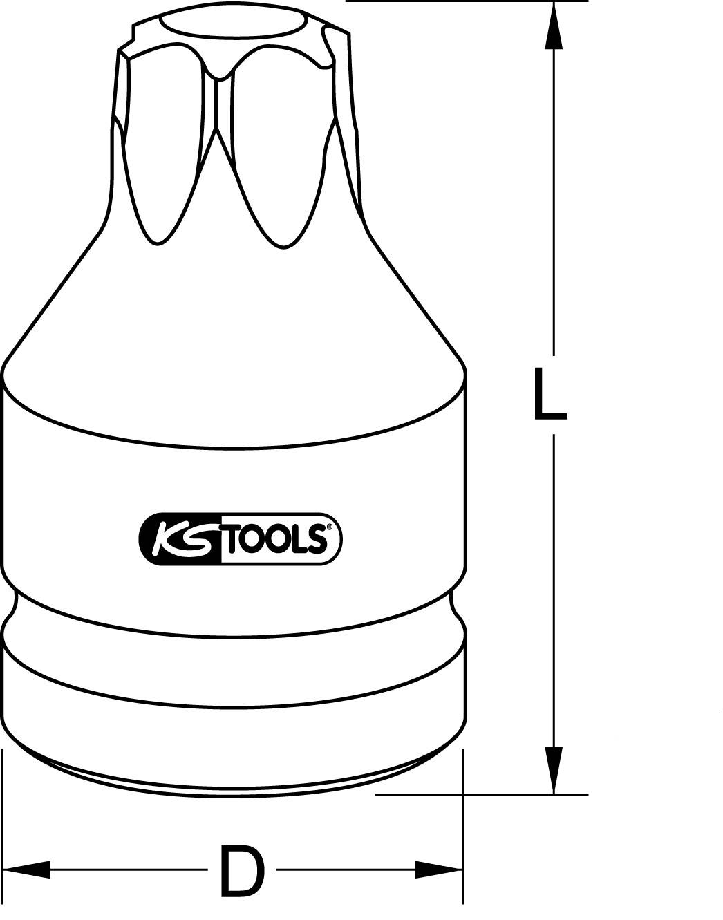 Abbildung eines Steckschlüsselsatz-Einsatzes mit KS Tools-Logo. Maße: Durchmesser 'D' und Länge 'L' sind angegeben.
