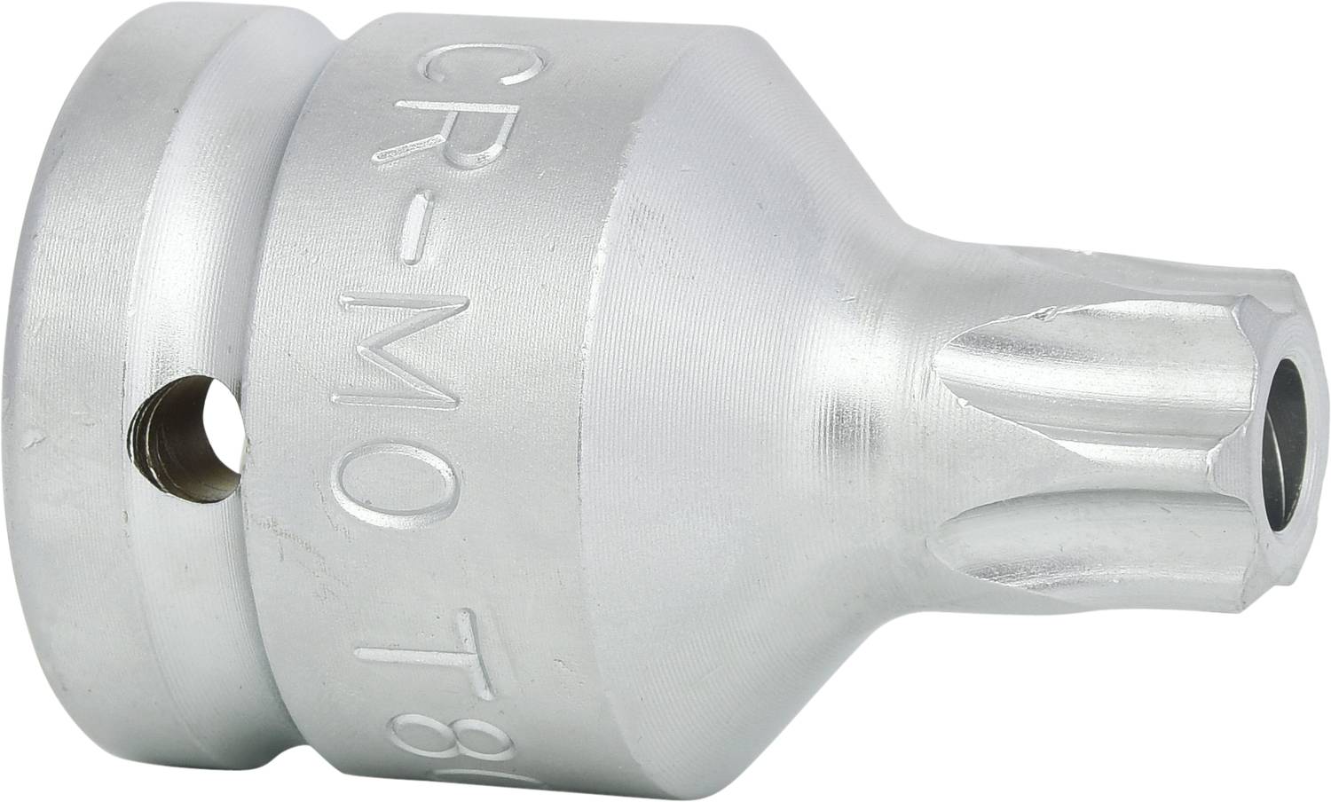 Nahaufnahme eines metallischen Torx-Schrauberbits mit der Aufschrift 'CR-MO T8', entwickelt für den Einsatz mit Schraubenziehern oder Bohrmaschinen.