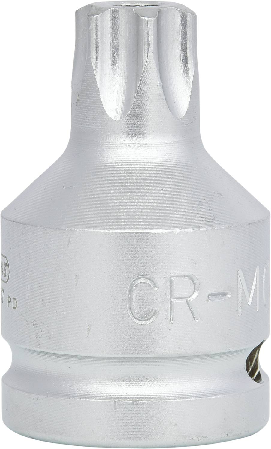 Silberne Torx-Steckschlüsselaufnahme mit CR-MO-Markierung, die in Mechanik und Reparaturen verwendet wird.