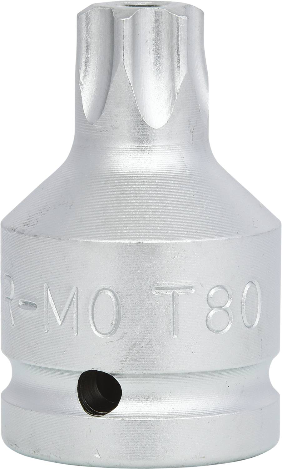 Ein silberner Torx-Bit-Einsatz der Größe T80 aus Stahllegierung. Er wird für die Verwendung mit einem Schraubenschlüssel oder einer Ratsche verwendet.