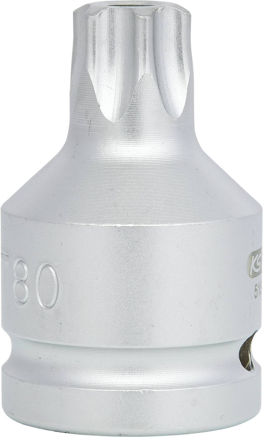 Ein silberner Torx-Steckschlüssel mit Sechskantaufnahme, geeignet für Schraubarbeiten in Werkstätten und Reparaturumgebungen.