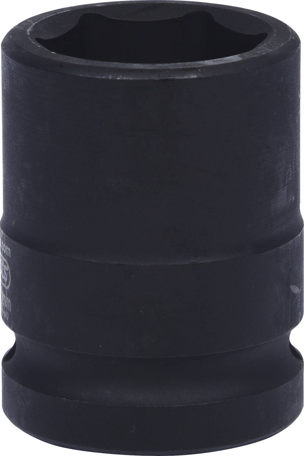 Schwarze, zylindrische Stecknuss mit sechseckiger Öffnung, verwendet für das Anziehen oder Lösen von Schrauben und Muttern.