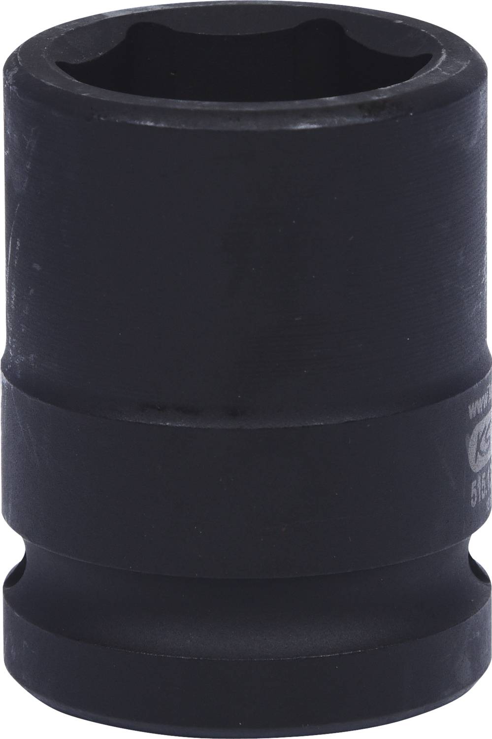 Eine schwarze Stecknuss, zylindrisch, mit glatten Seiten, verwendet für Schraubarbeiten.