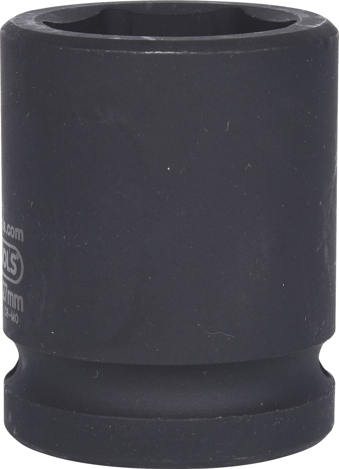 Ein schwarzer Steckschlüsseleinsatz mit 19 mm Aufschrift. Es ist ein Werkzeugaufsatz in zylindrischer Form.