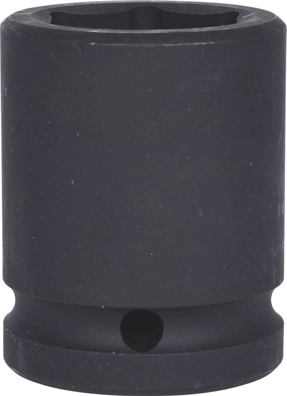 Eine schwarze Stecknuss mit sechskantiger Öffnung, oft für maschinelle Anwendungen verwendet; solide und robust gebaut.