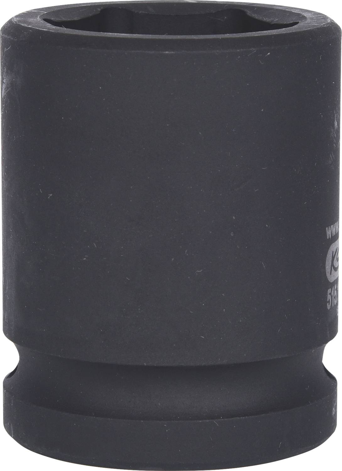 Eine schwarze Stecknuss aus Metall, zylindrisch geformt, mit einer gerippten Struktur für besseren Halt und Gebrauch in der Mechanik.