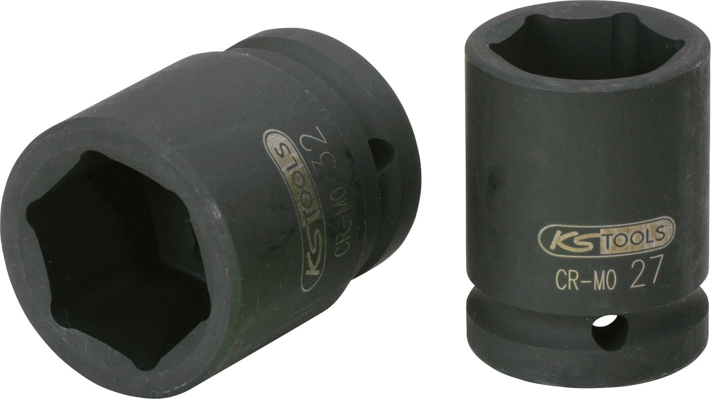 Zwei schwarze KS Tools 27 mm CR-Mo Steckschlüssel-Nüsse, nebeneinander auf weißem Hintergrund dargestellt.
