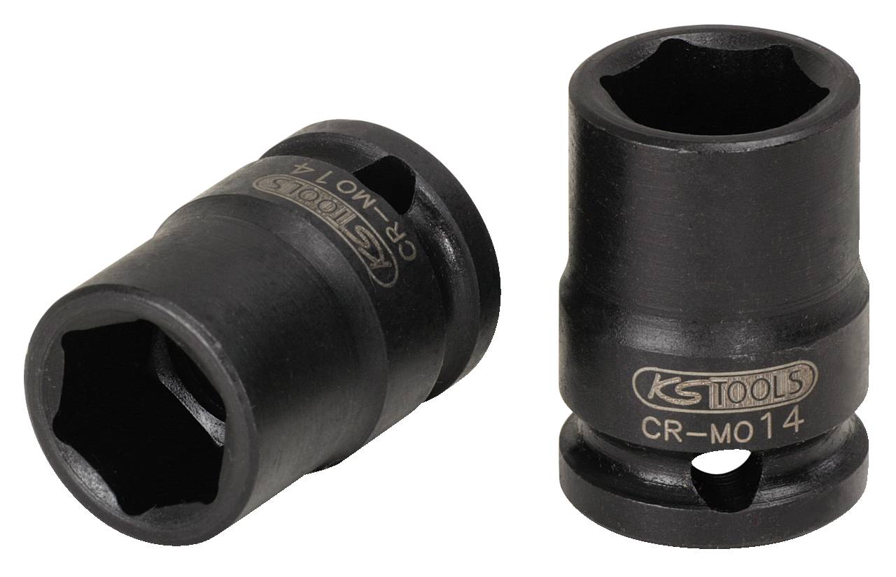 Zwei schwarze Stecknüsse aus Metall mit sechseckiger Öffnung, auf denen 'KS TOOLS CR-MO14' steht, eine liegt und eine steht aufrecht.