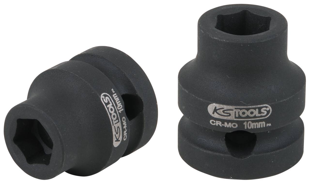 Zwei schwarze Stecknuss-Adapter aus robustem Material. Beide sind mit 'KS Tools CR-MO 10mm' beschriftet. Geeignet für handbetätigte Werkzeuge.