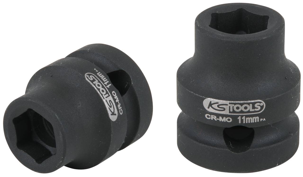 Zwei schwarze Steckschlüsselaufsätze aus Chrom-Molybdän, beide 11 mm, mit einer Sechskantöffnung. Markenlogo 'KS Tools' sichtbar.