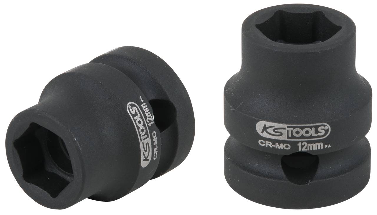 Zwei schwarze Stecknüsse aus robustem Material, mit der Aufschrift 'KS Tools 12mm'.