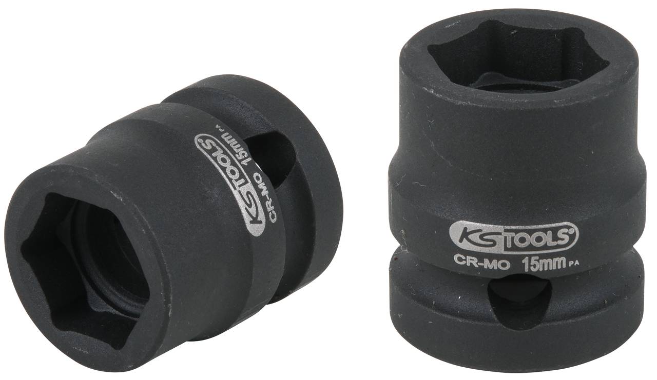 Zwei schwarze Stecknüsse von KS Tools, eine stehend, die andere liegt. Beide haben die Aufschrift 'CR-MO 15mm' für mechanische Arbeiten.