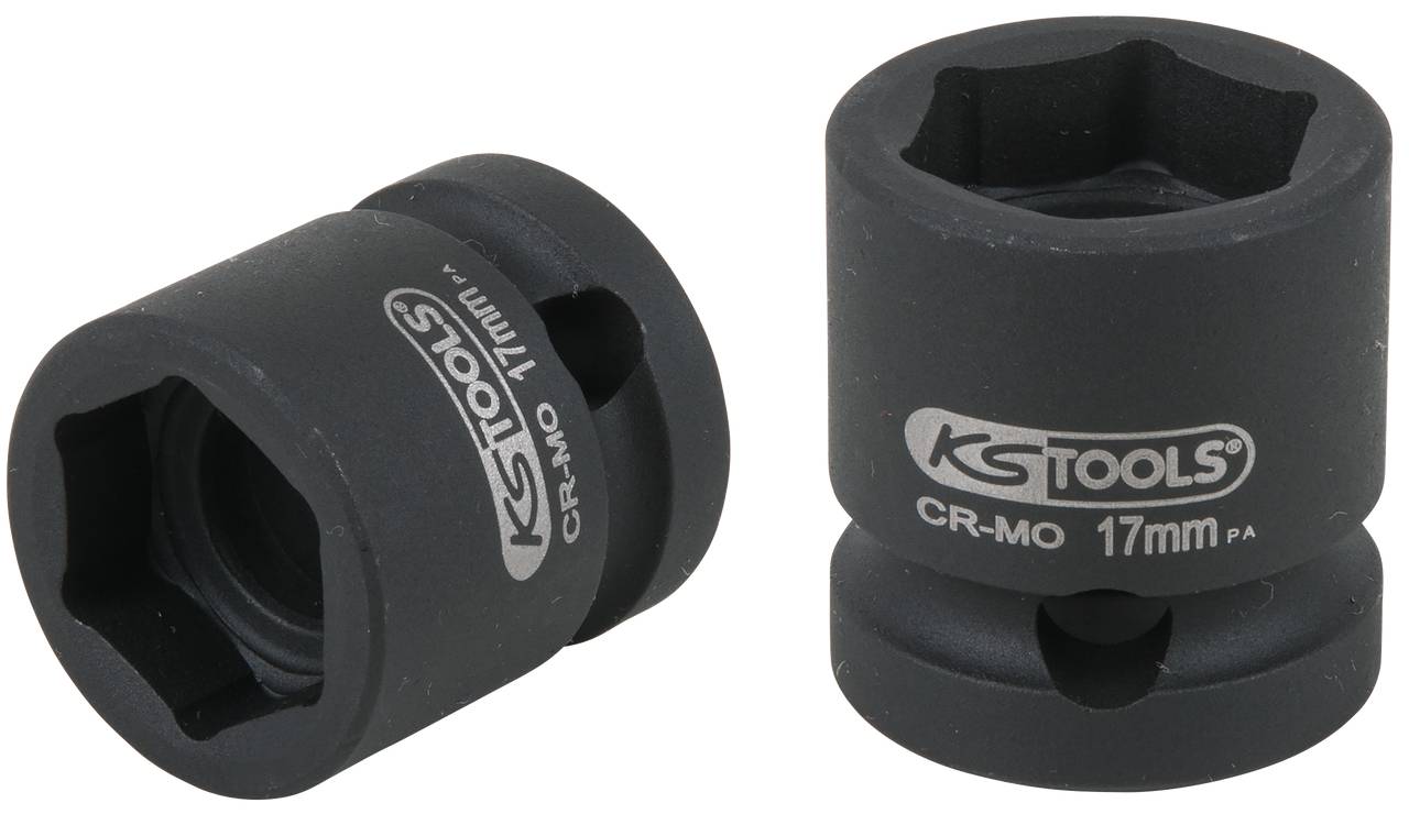 Zwei schwarze Stecknüsse mit Aufschrift 'KS Tools CR-Mo 17mm'. Eine liegt flach, die andere steht aufrecht.