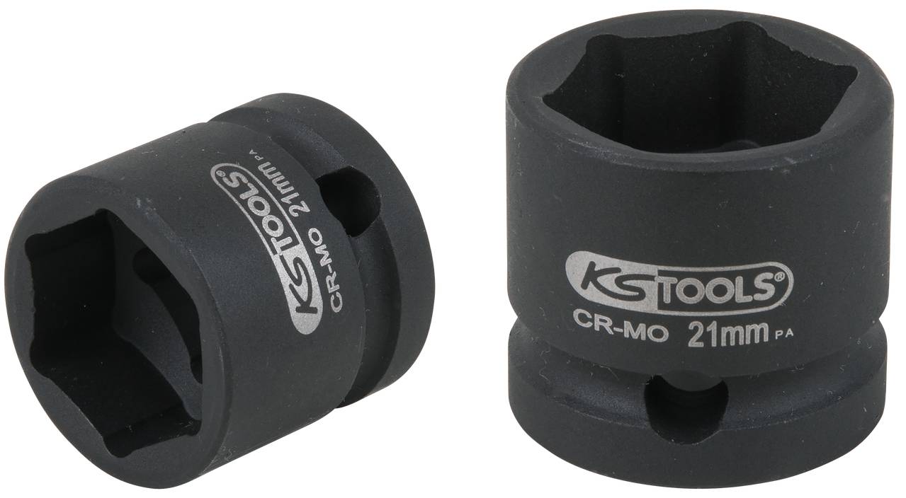 Zwei schwarze Steckschlüssel von KS Tools aus CR-MO Stahl, jeweils mit der Beschriftung '21 mm'. Sie sind unterschiedlich positioniert.