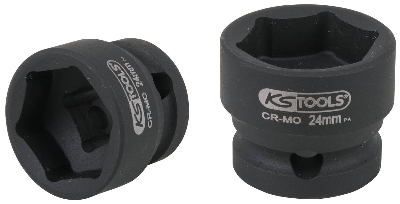 Zwei schwarze Stecknüsse mit der Aufschrift 'KS Tools CR-MO 24mm', eine steht aufrecht, die andere liegt auf der Seite.