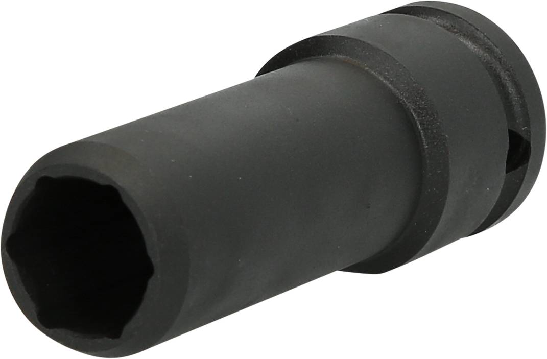 Ein schwarzer Steckschlüsselaufsatz mit einem sechseckigen Ende, der zum Festziehen oder Lösen von Schrauben und Muttern verwendet wird.